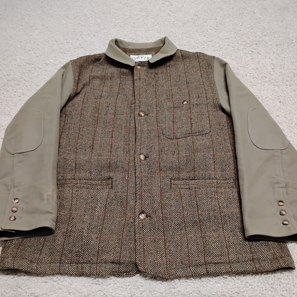Vintage Orvis Jacket Mens 50R Harris Tweed Herringbone Wool Elbow Patch Coat